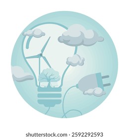 Ecology and environment conservation concept. Featuring plug, light bulb, wind turbine, and solar panels, symbolizing eco-friendly energy and sustainability. Flat vector modern illustration 