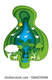 Ecology and environment conservation concept.Green forest and deers wildlife with nature background with green leaf layers paper art style.Vector illustration.
