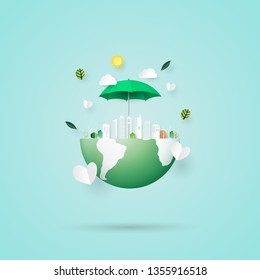 Ecology and environment conservation concept.Paper art of nature concept with save the earth and green eco city background.Vector illustration.