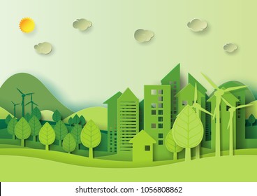 Ecology and environment conservation creative idea concept design.Eco green urban city and nature landscape background paper art style.Vector illustration.