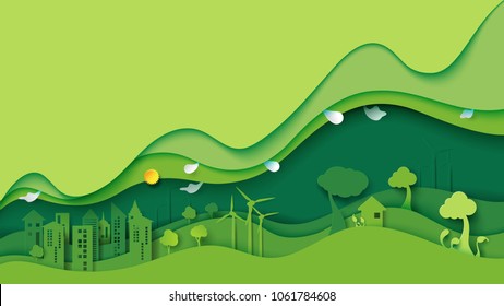 Ecology And Environment Conservation Creative Idea Concept Design.Green Eco Urban City And Nature Landscape Background Paper Art Style.Vector Illustration.