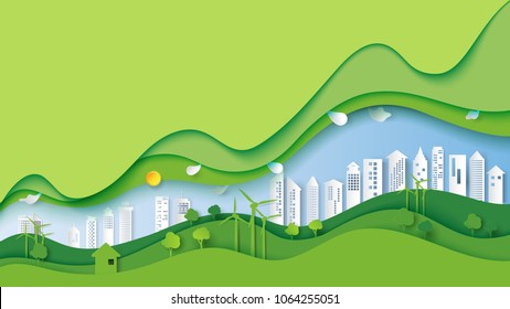 Ecology and environment conservation creative idea concept design.Green eco urban city and nature landscape background paper art style.Vector illustration.