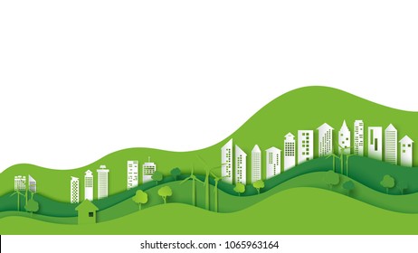 Ecology And Environment Conservation Creative Idea Concept Design.Green Eco Urban City And Nature Landscape Background Paper Art Style.Vector Illustration.