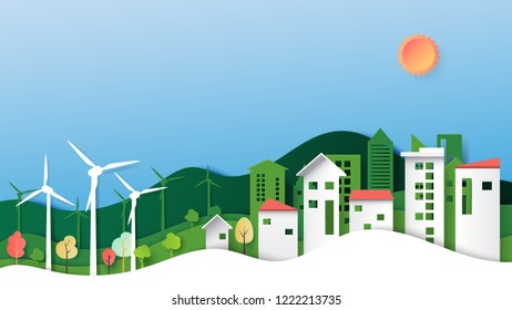 Ecology and environment conservation creative idea concept design.Green eco urban city and nature landscape background paper art style.Vector illustration.