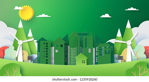 Ecology and environment conservation creative idea concept design.Green eco urban city and nature landscape background paper art style.Vector illustration.