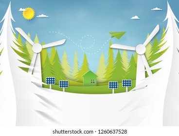 Ecology and environment conservation creative idea concept design.Green energy and nature landscape background paper art style.Vector illustration.