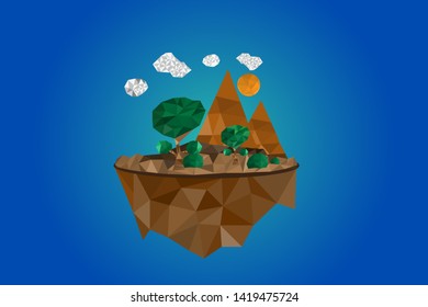 Ecology and environment conservation creative idea concept,
Nature landscape vector background in low poly style. Design with mountain, trees and clouds.