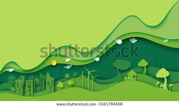 エコロジーと環境保全のクリエイティブコンセプトデザイン 緑のエコ都市と自然の風景の背景に紙のアートスタイル ベクターイラスト のベクター画像素材 ロイヤリティフリー