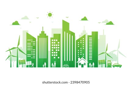 ecology environment and conservation green energy city on white background. green eco home friendly sustainable development. Vector illustration in flat design on white background. Clean and natural.