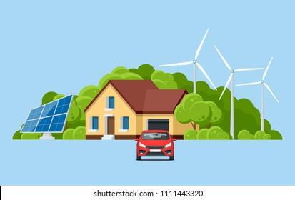 Ecology and environment conservation with nature concept. Green energy and eco friendly modern house on mountain landscape. Vector illustration.