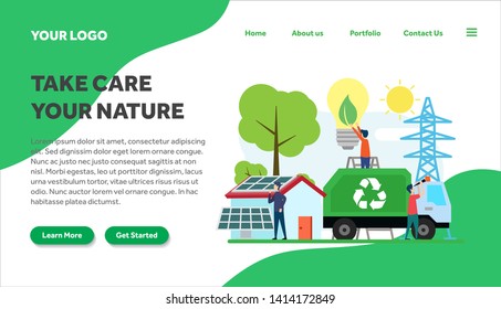 ecology and environment creative illustration vector for landing page , small people in ecology and environment illustration vector , save the planet, save energy, Earth Day landing page