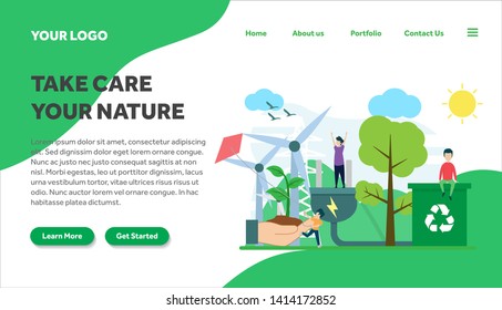 ecology and environment creative illustration vector for landing page , small people in ecology and environment illustration vector , save the planet, save energy, Earth Day landing page