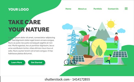 ecology and environment creative illustration vector for landing page , small people in ecology and environment illustration vector , save the planet, save energy, Earth Day landing page