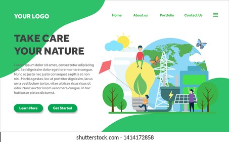 ecology and environment creative illustration vector for landing page , small people in ecology and environment illustration vector , save the planet, save energy, Earth Day landing page