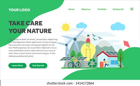 ecology and environment creative illustration vector for landing page , small people in ecology and environment illustration vector , save the planet, save energy, Earth Day landing page