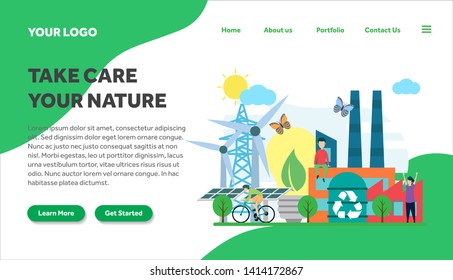 ecology and environment creative illustration vector for landing page , small people in ecology and environment illustration vector , save the planet, save energy, Earth Day landing page