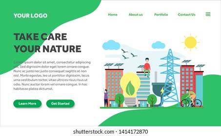 ecology and environment creative illustration vector for landing page , small people in ecology and environment illustration vector , save the planet, save energy, Earth Day landing page