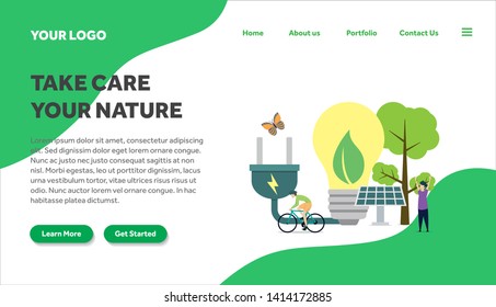 ecology and environment creative illustration vector for landing page , small people in ecology and environment illustration vector , save the planet, save energy, Earth Day landing page