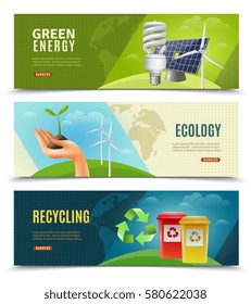 Ecology environment and ecosystem 3 horizontal banners set with green energy sources and recycling isolated vector illustration 