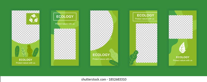 Ecology and environment editable templates set for stories. Green plants and organic life. Elegant design for social networks. Story mockup with free copy space vector illustration.