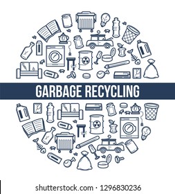 Ökologie und Umwelt Müll Recycling Müll Vektorbruch Elektro-Geräte und Lebensmittel verschwendet alte Möbel und Verpackungen giftigen Stoff Fass und beschädigte Fahrzeug Risse Glas Abfallbehälter.