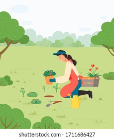 Ecology and environment, girl planting flowers in park vector. Plant sprout growing and cultivation, woman and ground work gardener and gardening tools