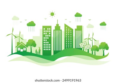 Guardar Ecología y medio ambiente Ciudad verde. Energía renovable Sostenible. Naturaleza y mundo. Diseño plano de Ilustración vectorial.