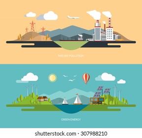 Ecology, environment, green energy, Eco life, emissions, nature pollution concept illustrations set in flat design style