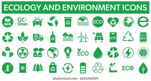 Ecology and Environment - green vector icons. World environment day signs isolated on white. Recyclable packaging symbols.