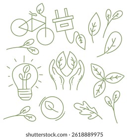 Conjunto de Paquetes de recursos de iconos de entorno ecológico con estilo de doodle de línea para energía ecológica y medio ambiente de naturaleza