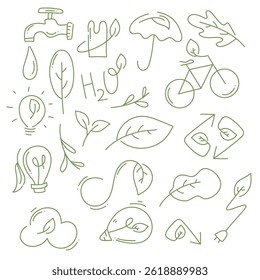 Conjunto de Paquetes de recursos de iconos de entorno ecológico con estilo de doodle de línea para energía ecológica y medio ambiente de naturaleza