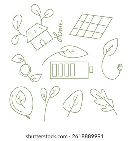Conjunto de Paquetes de recursos de iconos de entorno ecológico con estilo de doodle de línea para energía ecológica y medio ambiente de naturaleza