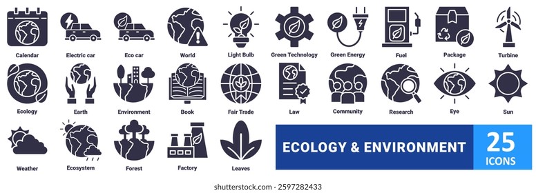 Ecology And Environment icon set. with icon calendar, electric car, eco car, world, light bulb, green technology, green energy, fuel, package, turbine, ecology, earth, environment, book, fair trade
