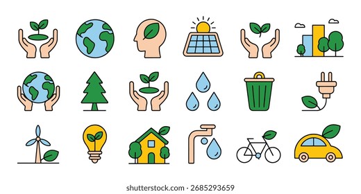 Conjunto de ícones Ecologia e Ambiente com vida sustentável e energia verde