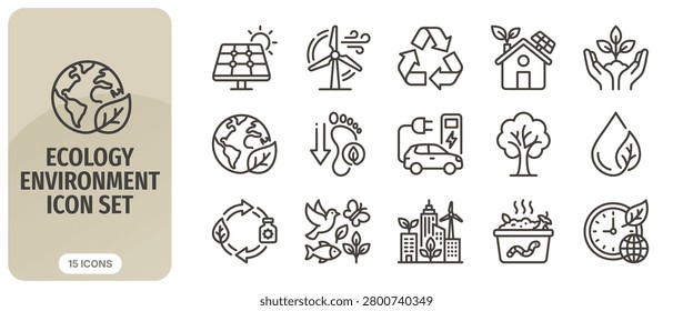 Ecology and environment icon set, thin line style, vector illustration, collection of ecofriendly symbols for sustainable development, green energy, recycling, and nature conservation
