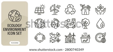 Ecology and environment icon set, thin line style, vector illustration, collection of ecofriendly symbols for sustainable development, green energy, recycling, and nature conservation