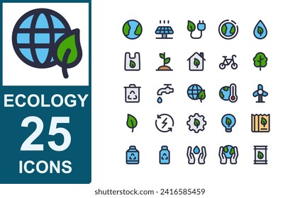 ecology and environment icon set.style lineal color.contains green energy,eco bulb,paper bag,recycled gallon,recycled bottle,save water,save world,bio energy,fuel.vector modern ecology