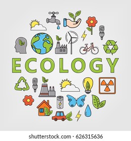 Ecology and environment icons. Round thin line ecology symbol. Hand drawn illustration. Vector.