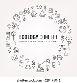 Ecology and environment icons. Round thin line ecology symbol. Hand drawn illustration. Vector.