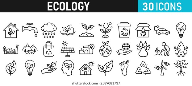 Ecology and Environment icons set. Ecology and Energy liner icons collection. Leaf, Eco friendly. Electric car, global warming, plant, weather. Vector illustration