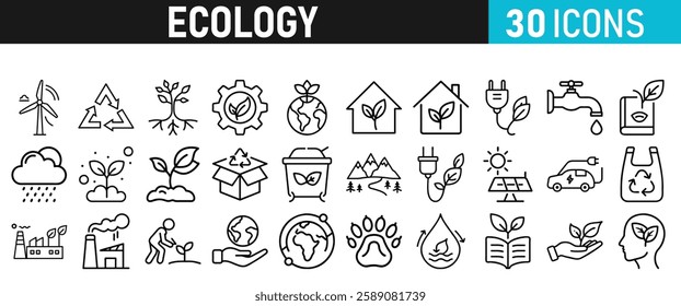Ecology and Environment icons set. Ecology and Energy liner icons collection. Leaf, Eco friendly. Electric car, global warming, plant, weather. Vector illustration
