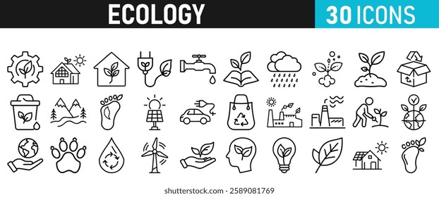 Ecology and Environment icons set. Ecology and Energy liner icons collection. Leaf, Eco friendly. Electric car, global warming, plant, weather. Vector illustration