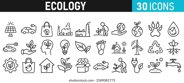 Ecology and Environment icons set. Ecology and Energy liner icons collection. Leaf, Eco friendly. Electric car, global warming, plant, weather. Vector illustration