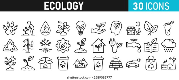 Ecology and Environment icons set. Ecology and Energy liner icons collection. Leaf, Eco friendly. Electric car, global warming, plant, weather. Vector illustration