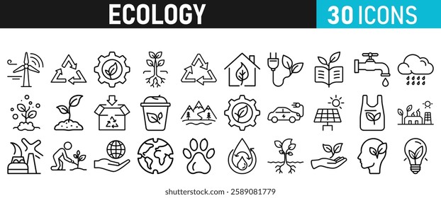 Ecology and Environment icons set. Ecology and Energy liner icons collection. Leaf, Eco friendly. Electric car, global warming, plant, weather. Vector illustration