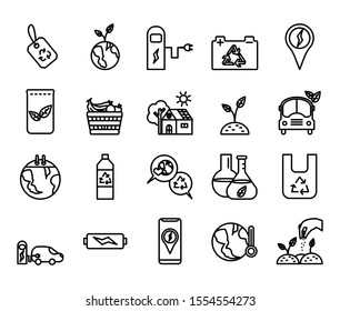 Ecology and environment icons set of outline symbols, vector and illustration
