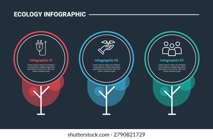 Ecology environment infographic process diagram with creative tree shape with big outline circle on top with dark background bright outline style 3 points vector