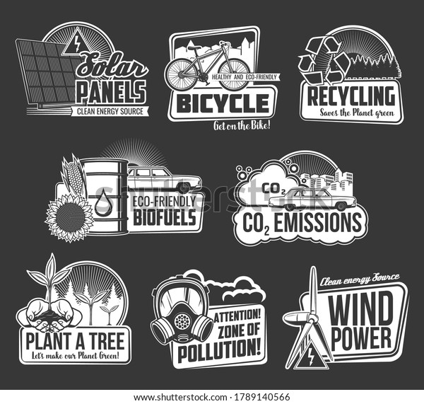 Ecology and environment isolated vector icons\
with eco nature tree and plant, recycle symbol. Green energy wind\
turbine and sun power solar panel, bio fuel, electric car and\
bicycle monochrome\
emblems