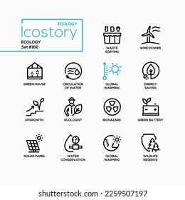 Ecology and environment - line design style icons set with editable stroke. Waste sorting, wind power, greenhouse effect, global warming, solar panel, forest and water conservation, biohazard