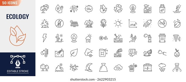 Ecology and Environment line editable icon set. Containing Eco friendly. Electric car, global warming, renewable energy, organic farming and more. Vector illustration